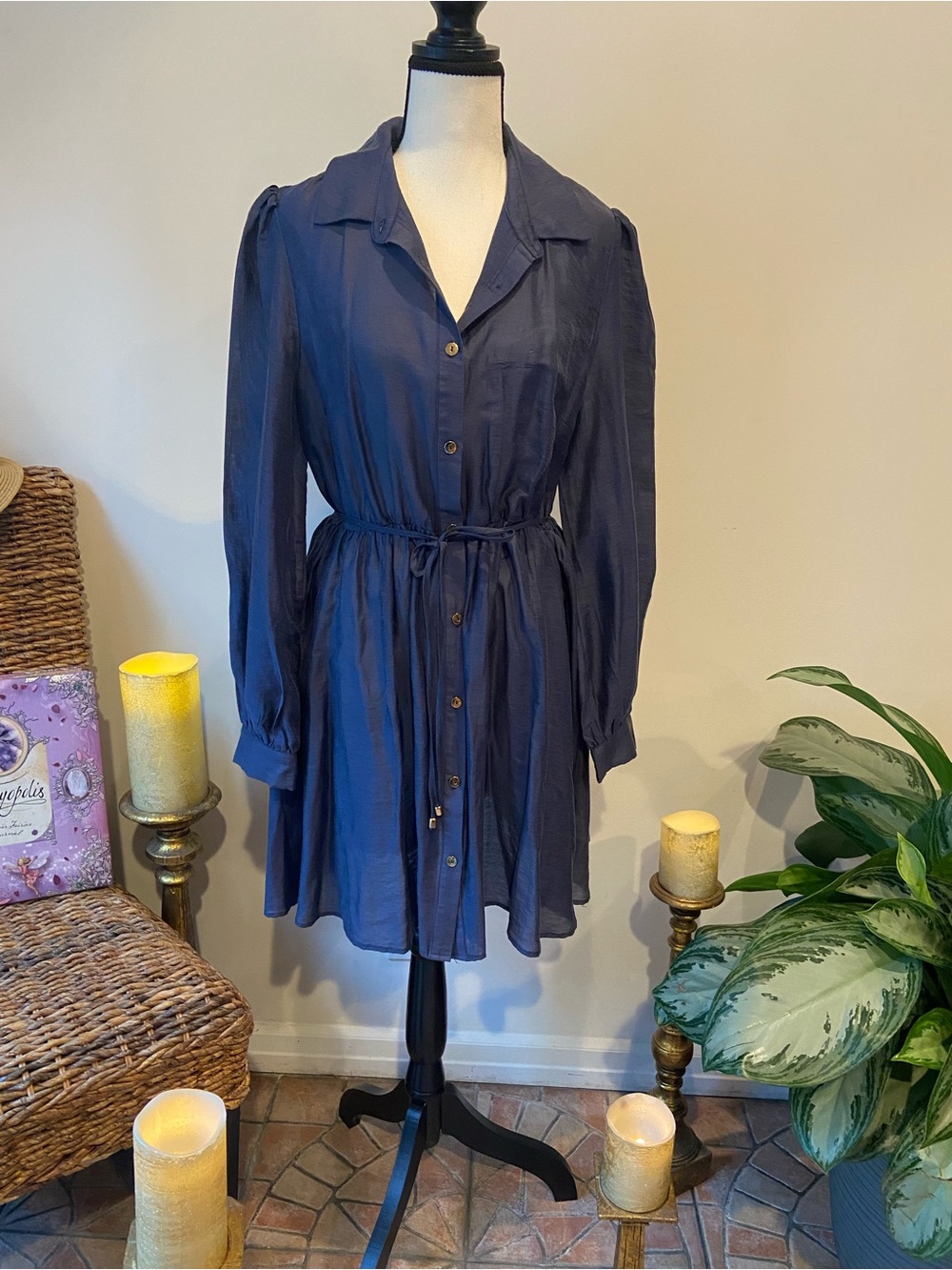Petal & Pup Navy Button-Front Tie-Waist Shirt Dress